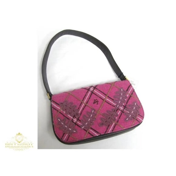 Lulu Guinness Fuchsia Tweed Applique Oak Leaves Maggy Brown Shoulder Bag - Picture 2 of 11